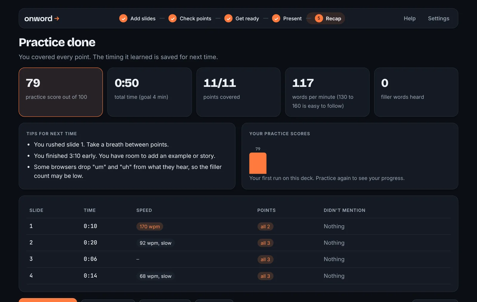 The practice recap: a score of 86 out of 100, 1 minute 2 seconds total, 11 of 11 points covered, 126 words per minute, and a table of time and speed for each slide.